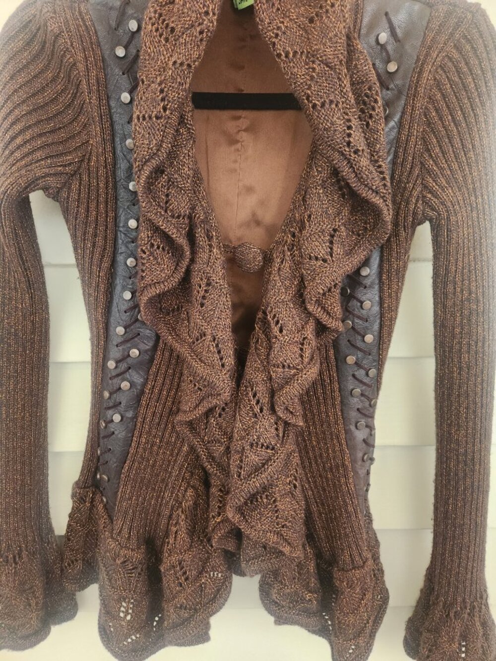 Save The Queen Knit Hooded Cardigan Sweater Brown Wool Blend S EUC - Picture 10 of 13